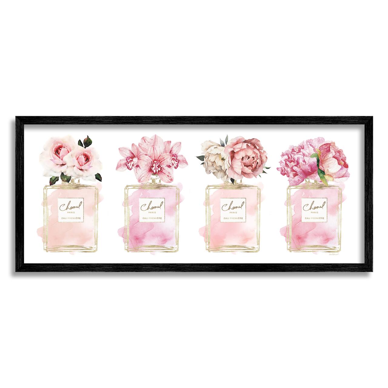 Stupell Industries Pink Floral Bouquets Glam Designer Fashion Jars in Black Frame Wall Art
